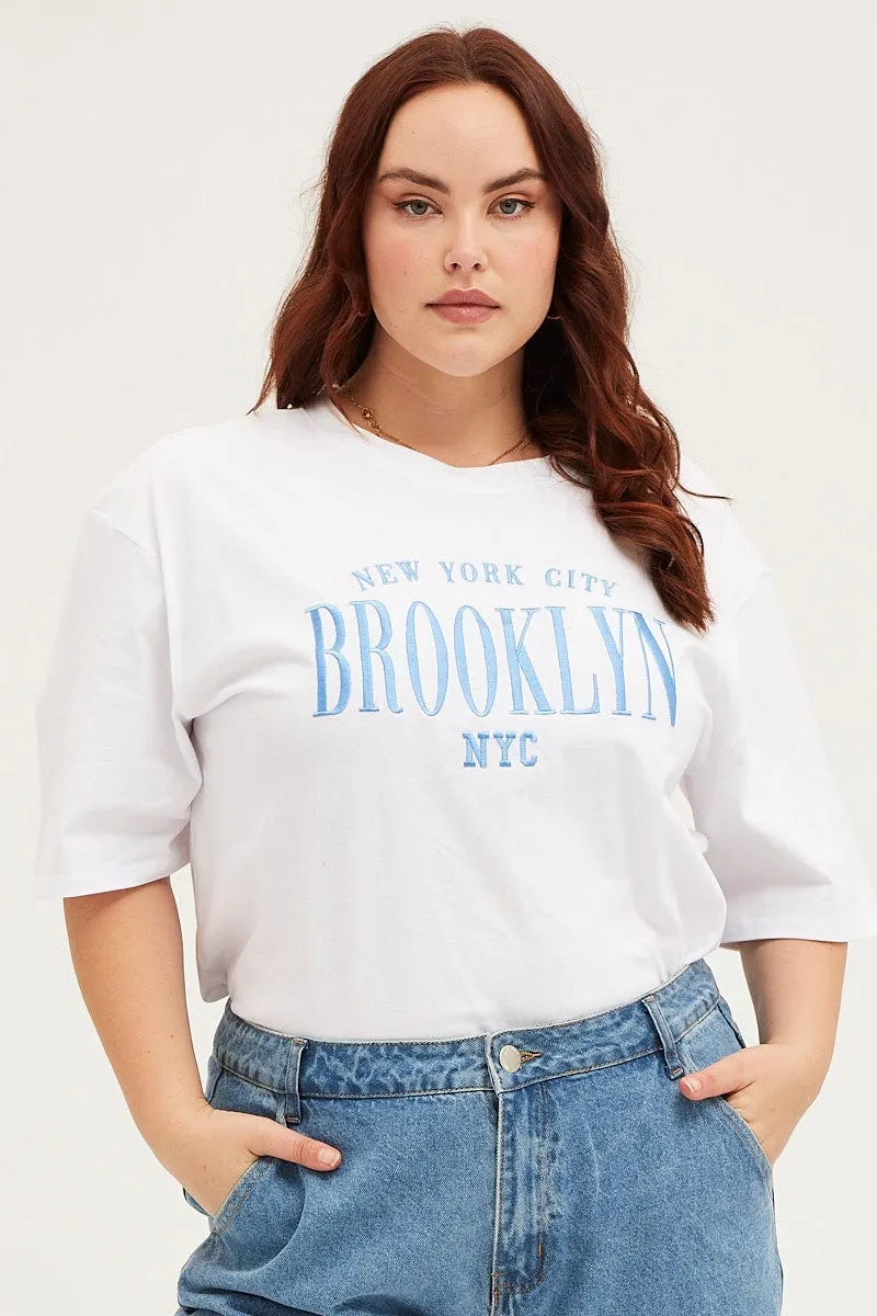 anti static White Oversized T-shirt Brooklyn Crew Neck Short Sleeve