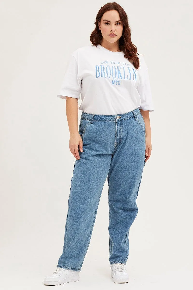White Oversized T-shirt Brooklyn Crew Neck Short Sleeve Washable