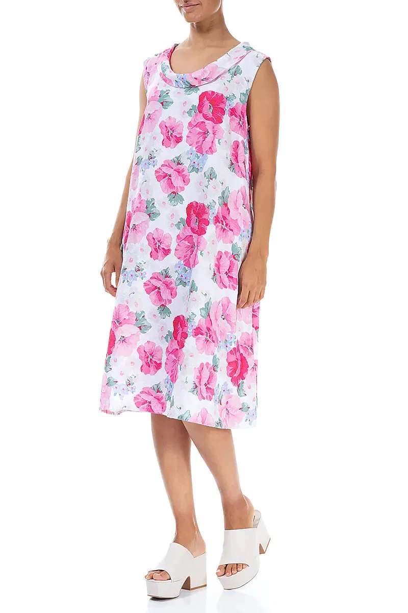 Casual Trousers SmoothZipper Cowl Neck Peony Blossom Linen Midi Dress