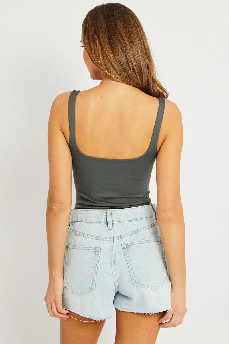 Design Glow Grey Bodysuit Sleeveless Square Neck Seamless