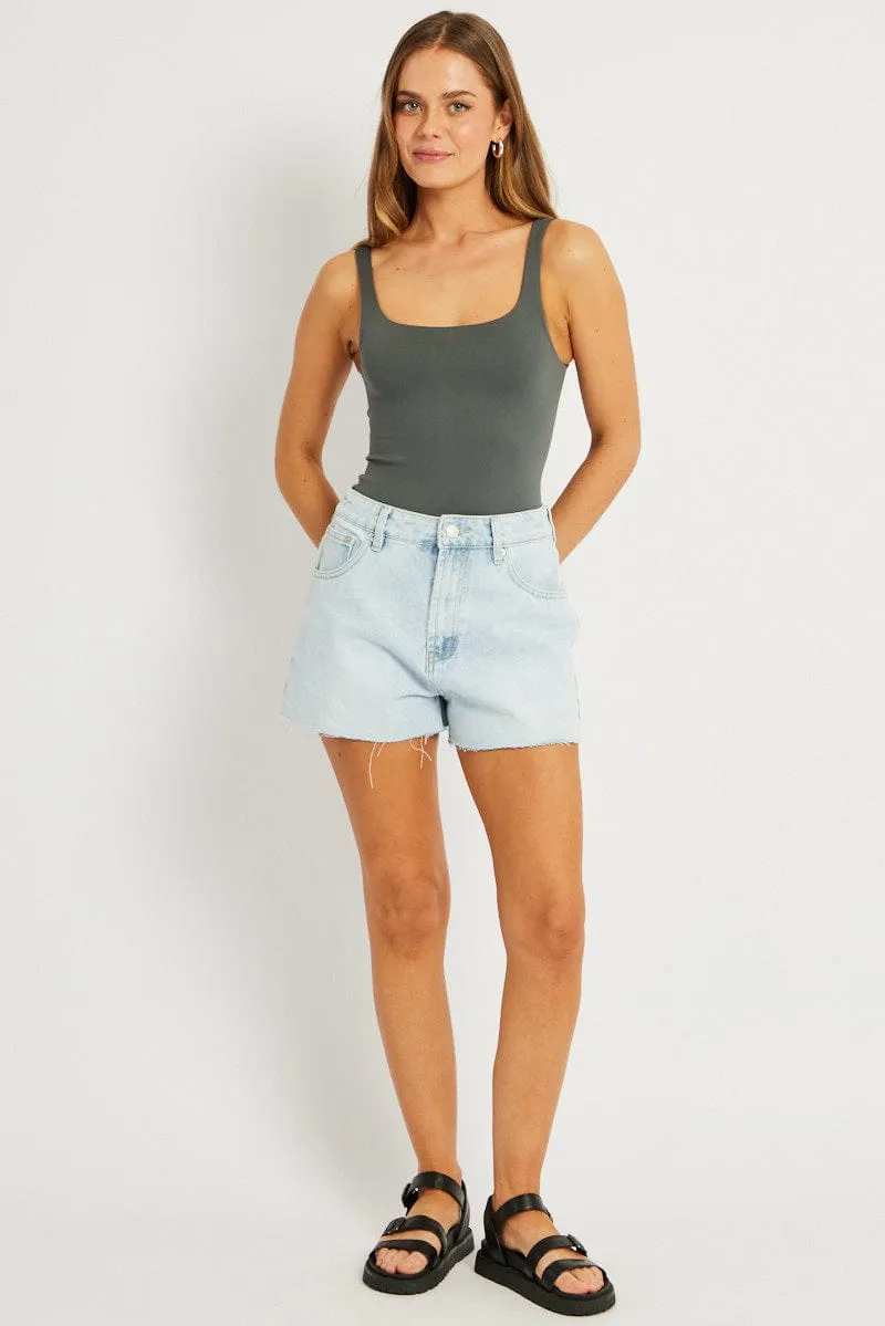 Grey Bodysuit Sleeveless Square Neck Seamless Professional Look