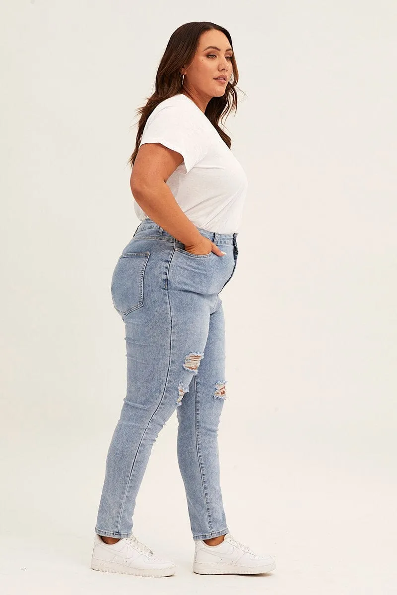 Blue High Rise Knee Distress Stretch Skinny Denim Jeans Daily Outfit Water Efficient Wash Process