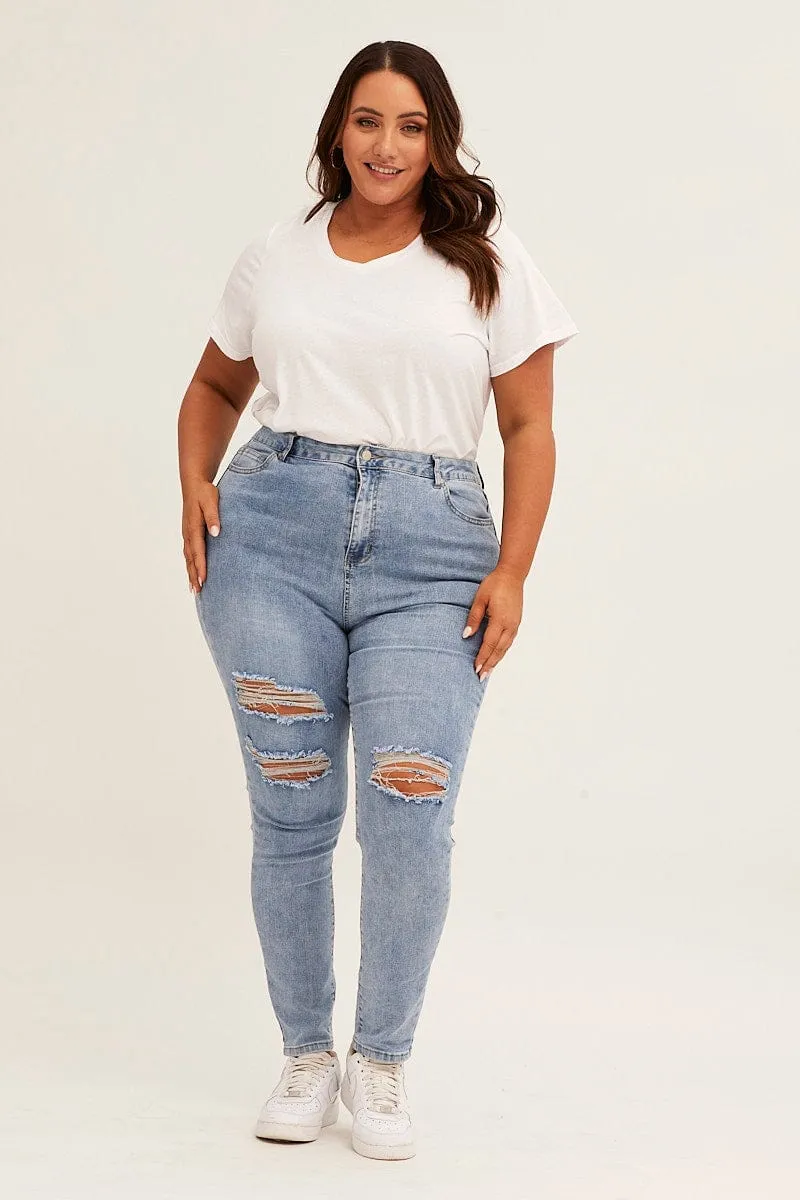 Always Appropriate Neutral Smooth Blue High Rise Knee Distress Stretch Skinny Denim Jeans