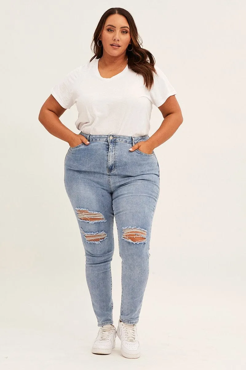 Timeless casual Blue High Rise Knee Distress Stretch Skinny Denim Jeans