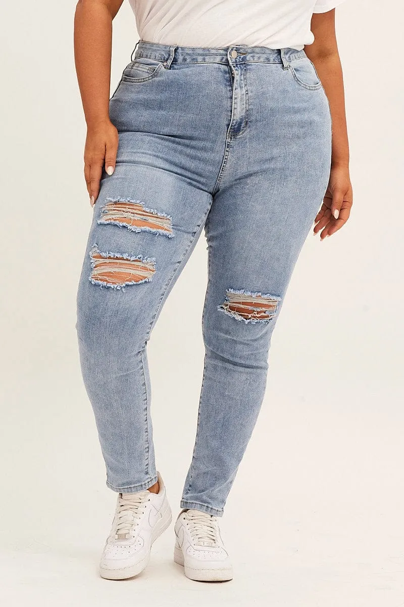 Blue High Rise Knee Distress Stretch Skinny Denim Jeans Anywhere Fit