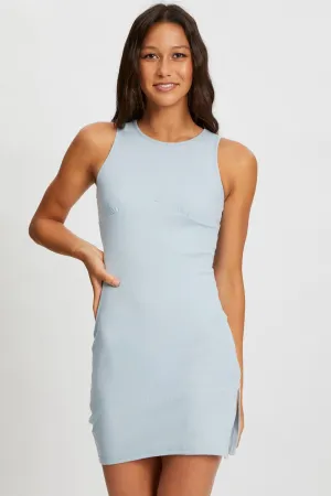 Modern Muse Street Style Blue Ribbed Bodycon Mini Dress