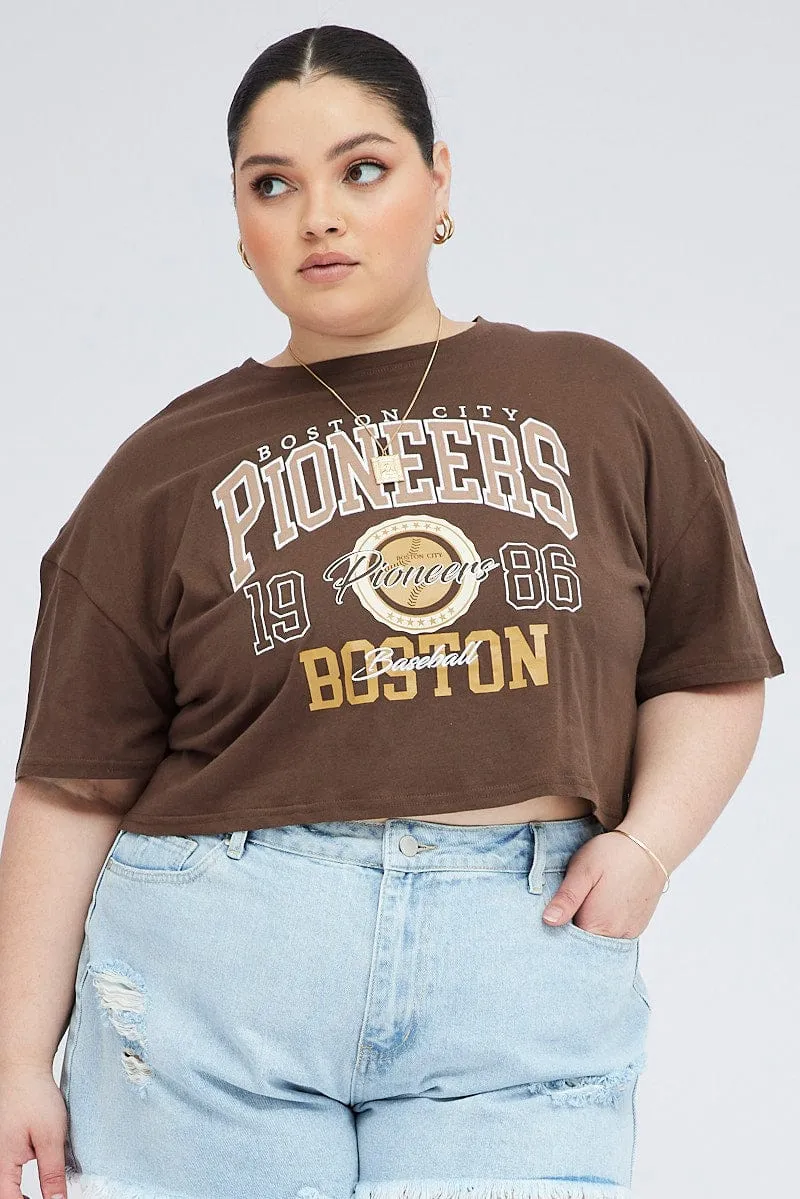 Simple and Relaxed Brown Graphic T-shirt Short Sleeve Crew Neck