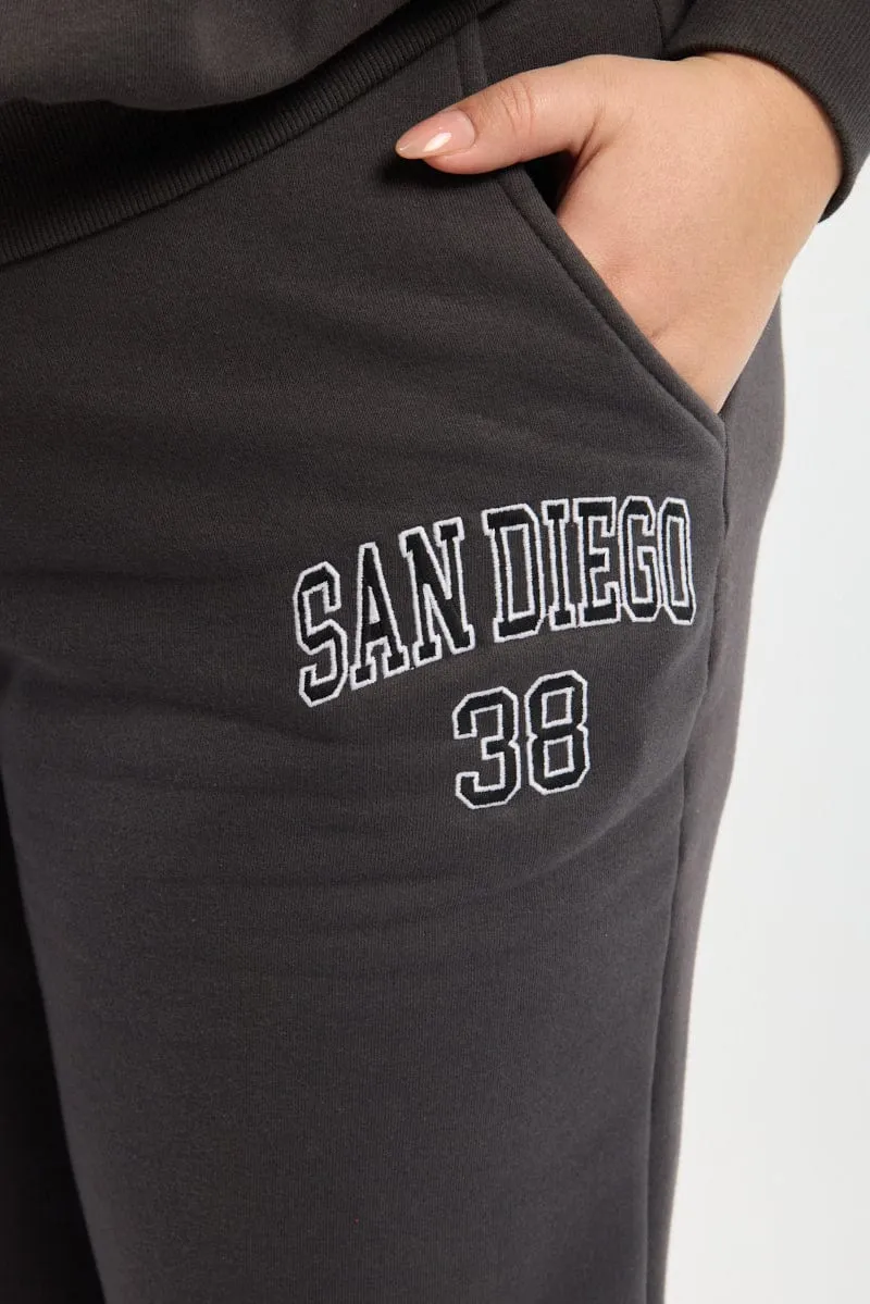 Grey Drawstring Waist Elastic Cuff Track Pants NonSlipInnerGrip