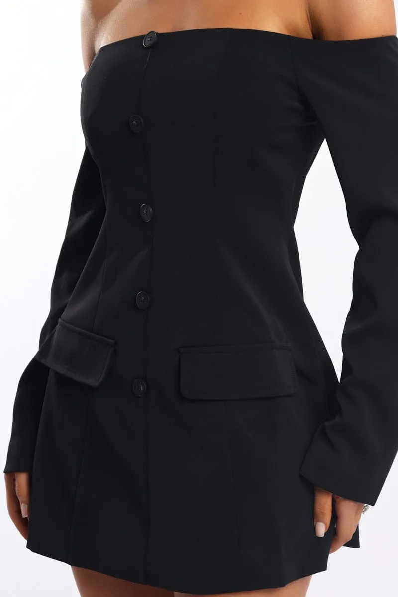 Gathered Waist Technique Stretch Fabric Black Off Shoulder Mini Dress Long Sleeve
