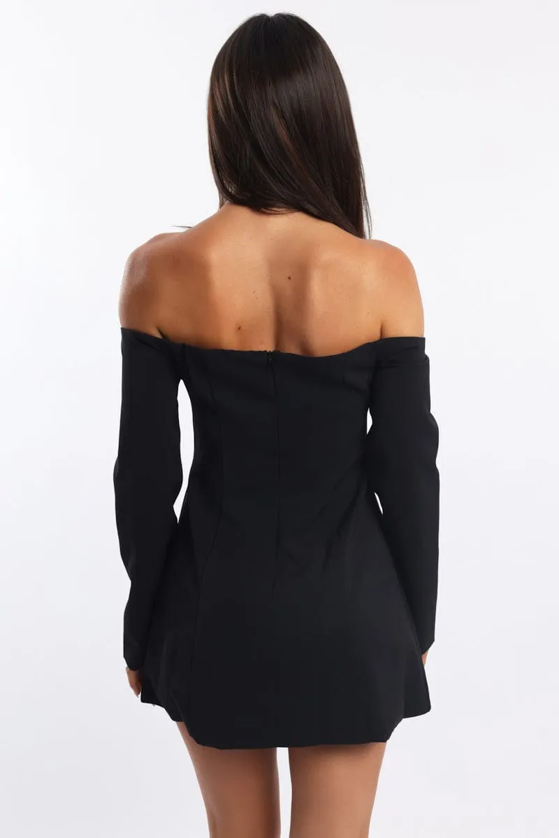 Timeless Wear Black Off Shoulder Mini Dress Long Sleeve