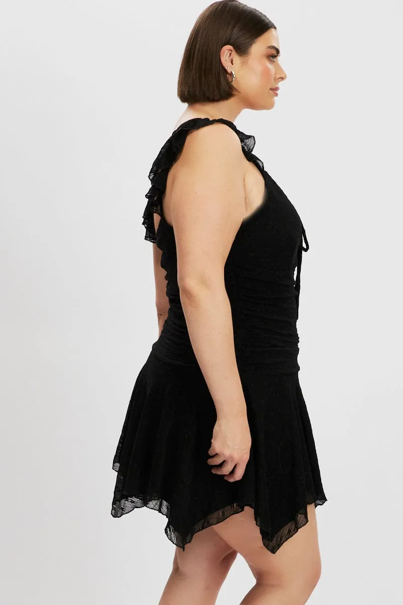 Black Lace Asymmetric Hem Mini Dress Cozy Fit All Season Wear