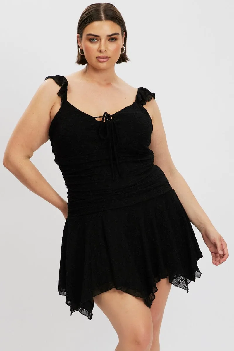 Elegant Wear Elasticized Waistband Black Lace Asymmetric Hem Mini Dress