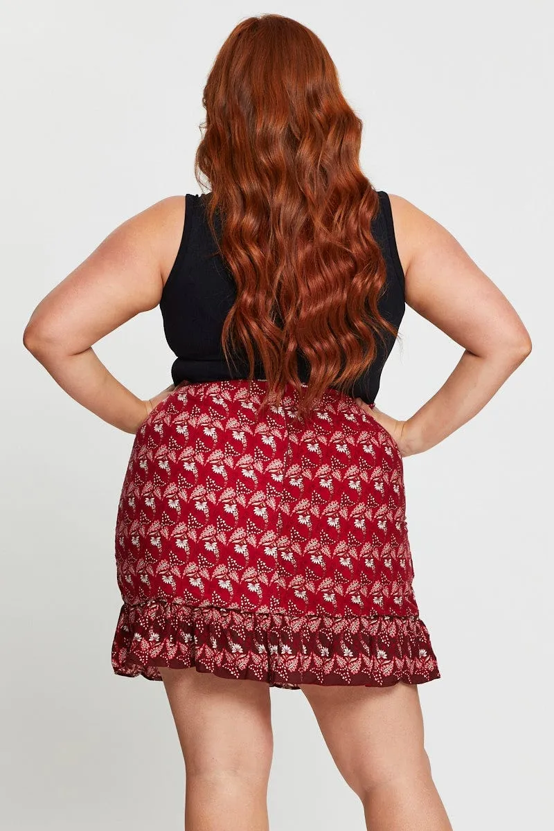 Convertible Length Adjustable Hem Boho Print Mini Skater Skirt Ruffle Hem