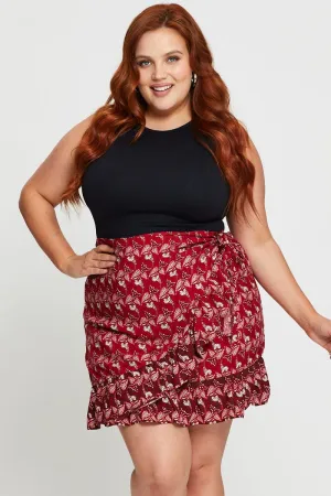 Boho Print Mini Skater Skirt Ruffle Hem Neutral Tone Reimagined Classic