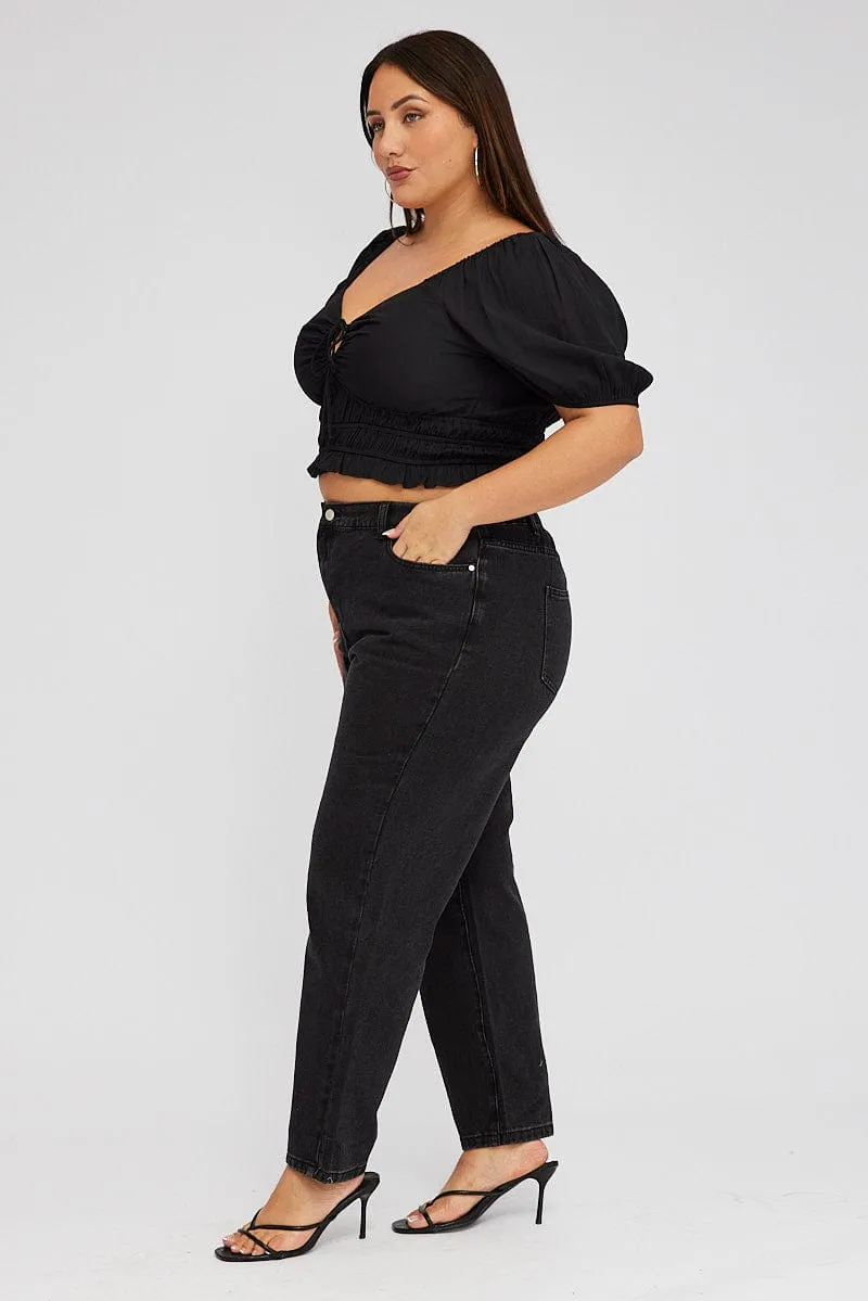 Multi Pocket Design Common Wear Black Mom Jeans High Rise