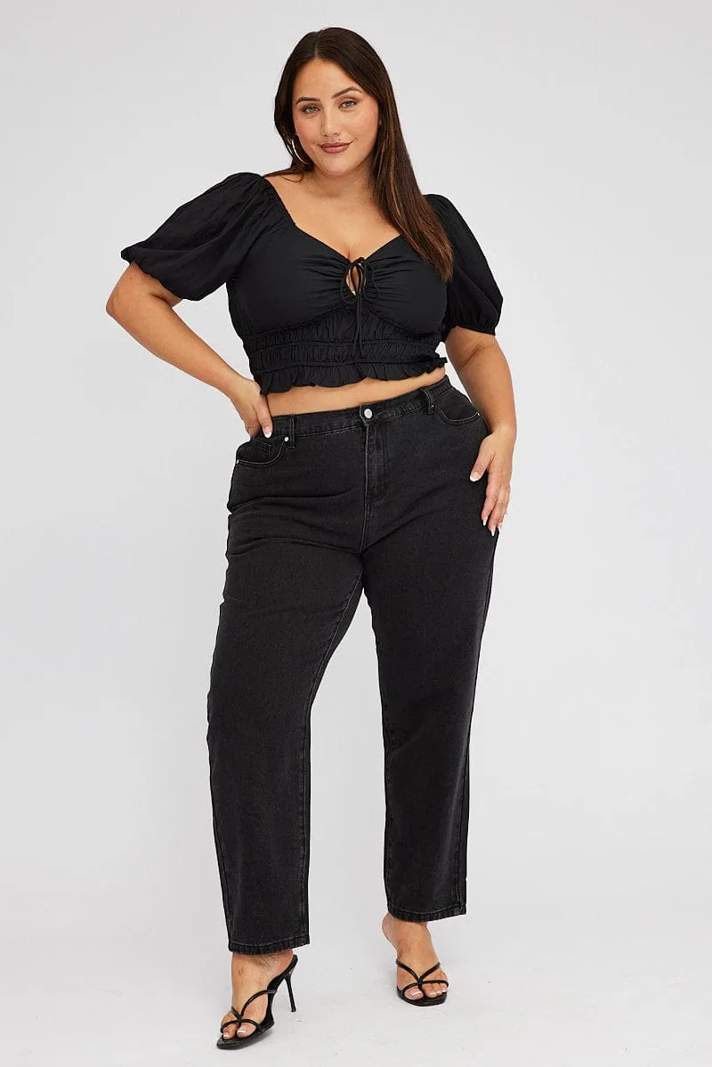 Black Mom Jeans High Rise Morning Stroll Streetwear Fan Stretch Free Fit