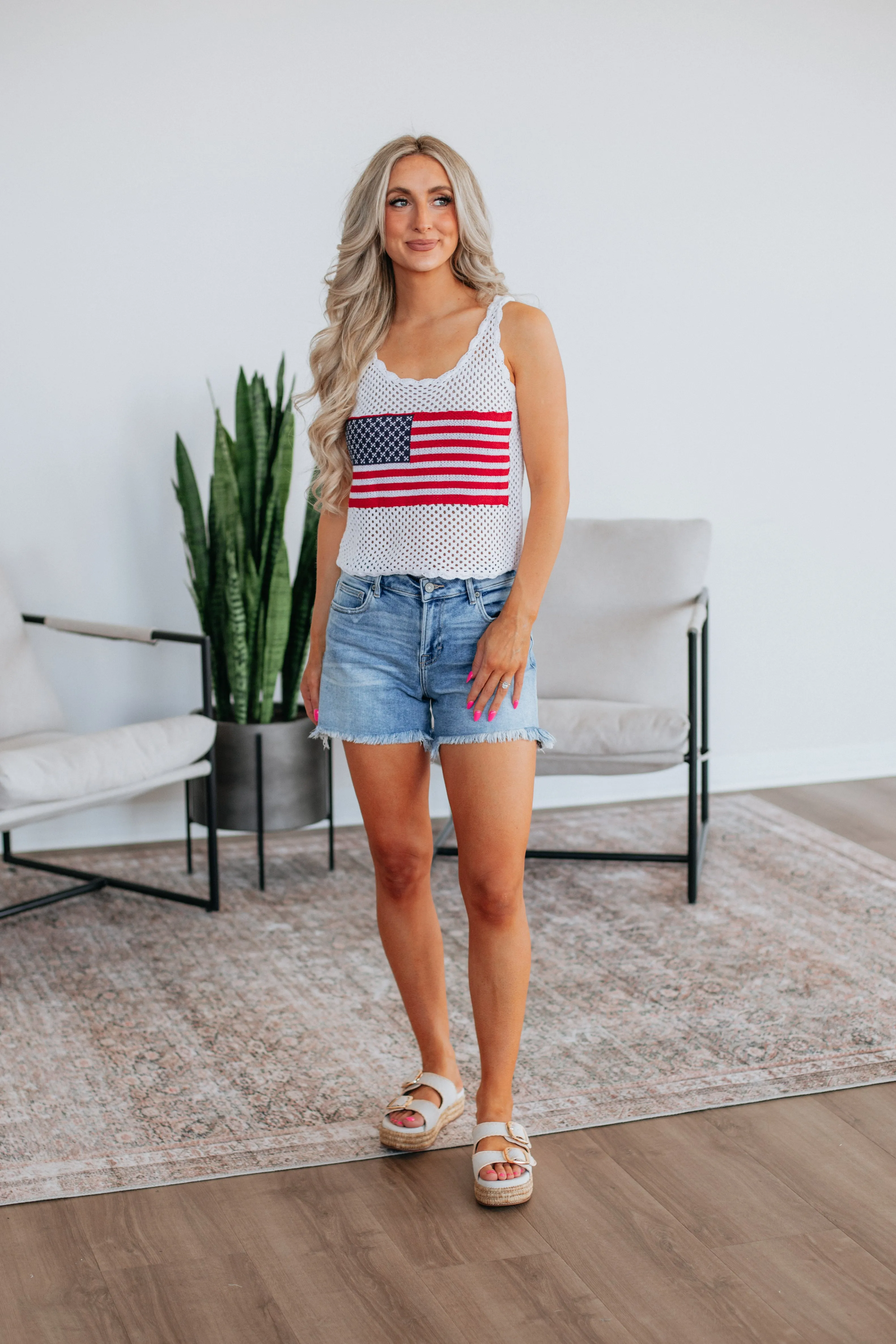 Durable Reinforced Edges Adjustable Interior Patriotic Babe Tank - Ivory