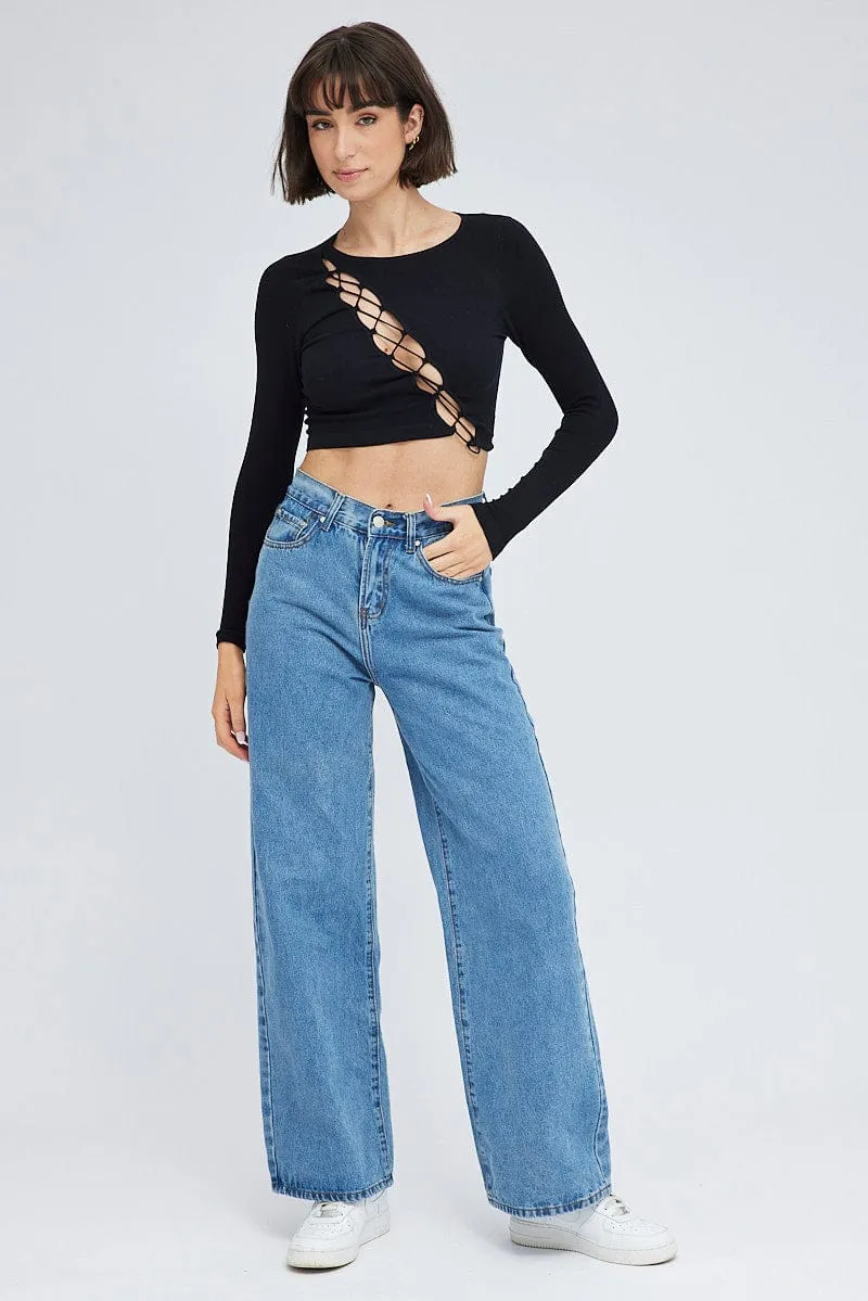 Creative Glow Wave Core Black Top Long Sleeve Lace Up Seamless
