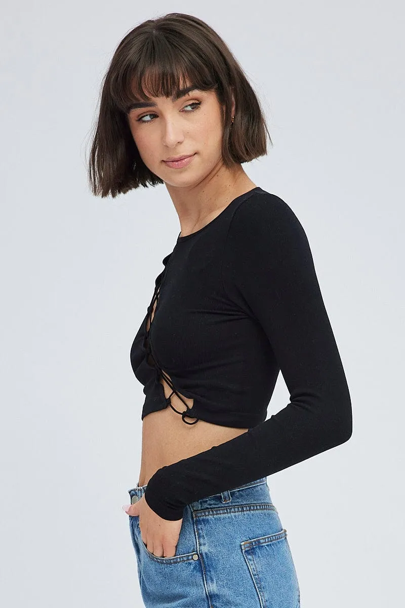 Black Top Long Sleeve Lace Up Seamless Layered Look AbrasionResistant