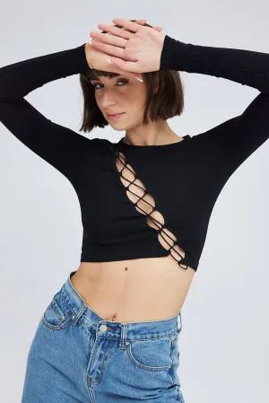 Black Top Long Sleeve Lace Up Seamless Free Fit StretchableMaterial