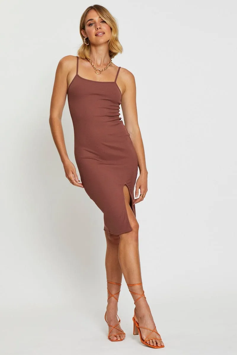 Mature Charm Brown Bodycon Dress Sleeveless Square Neck