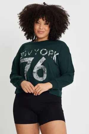 Snug Fit Green Sleeve Sweatshirt New York City Crew Neck Long