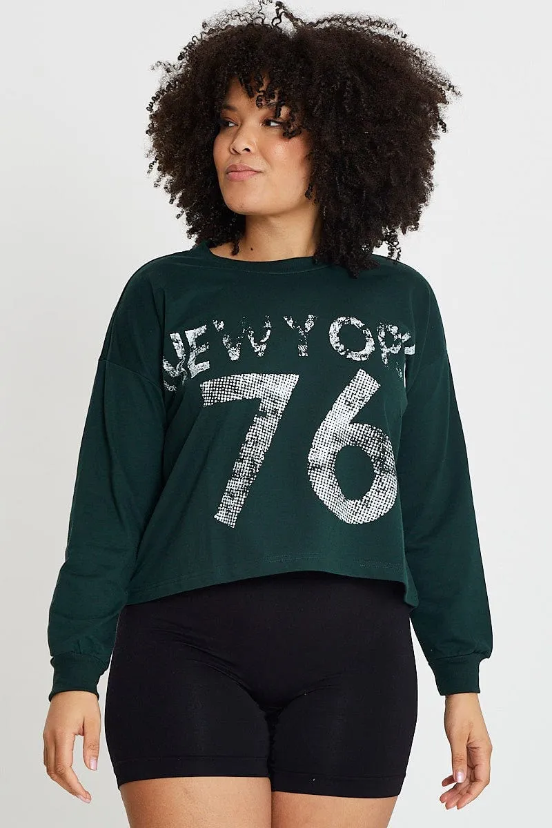 Green Sleeve Sweatshirt New York City Crew Neck Long Water resistant coating