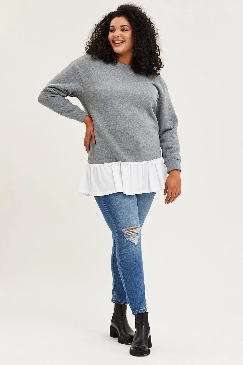 Grey Fleece Sweatshirt Woven V-neck Long Sleeve Fashionable Vibes Unisex style