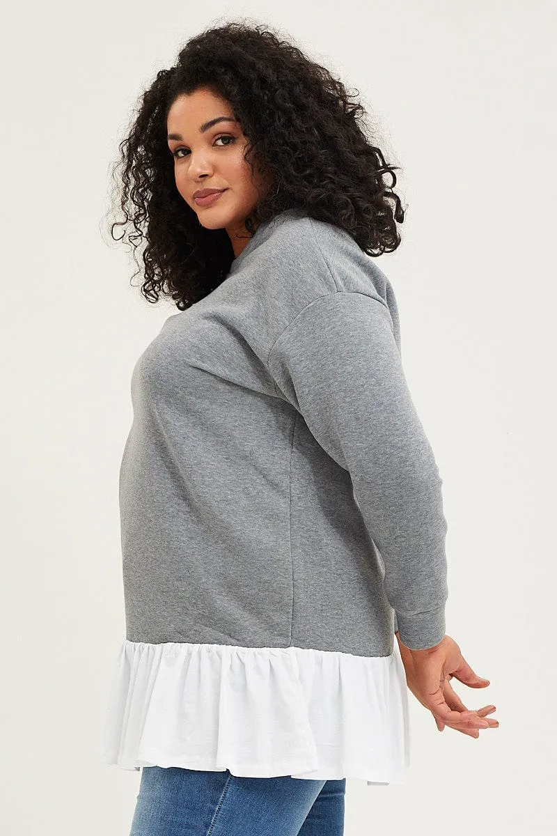 Grey Fleece Sweatshirt Woven V-neck Long Sleeve Personalized logoed