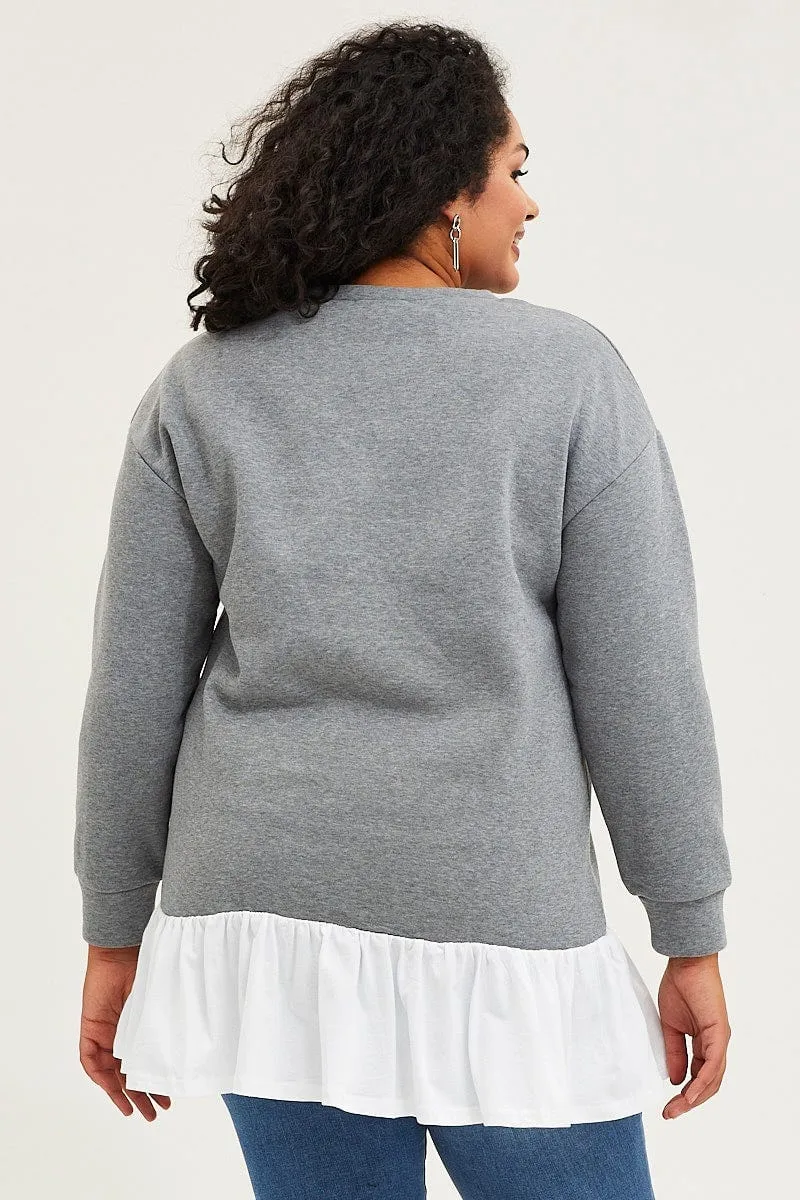 Sporty essentials Grey Fleece Sweatshirt Woven V-neck Long Sleeve