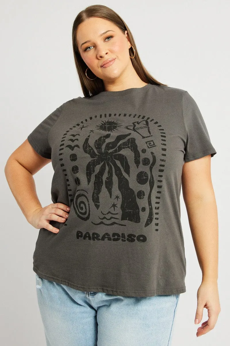 Simple Fashion Grey Graphic T Shirt Short Sleeve Crew Neck