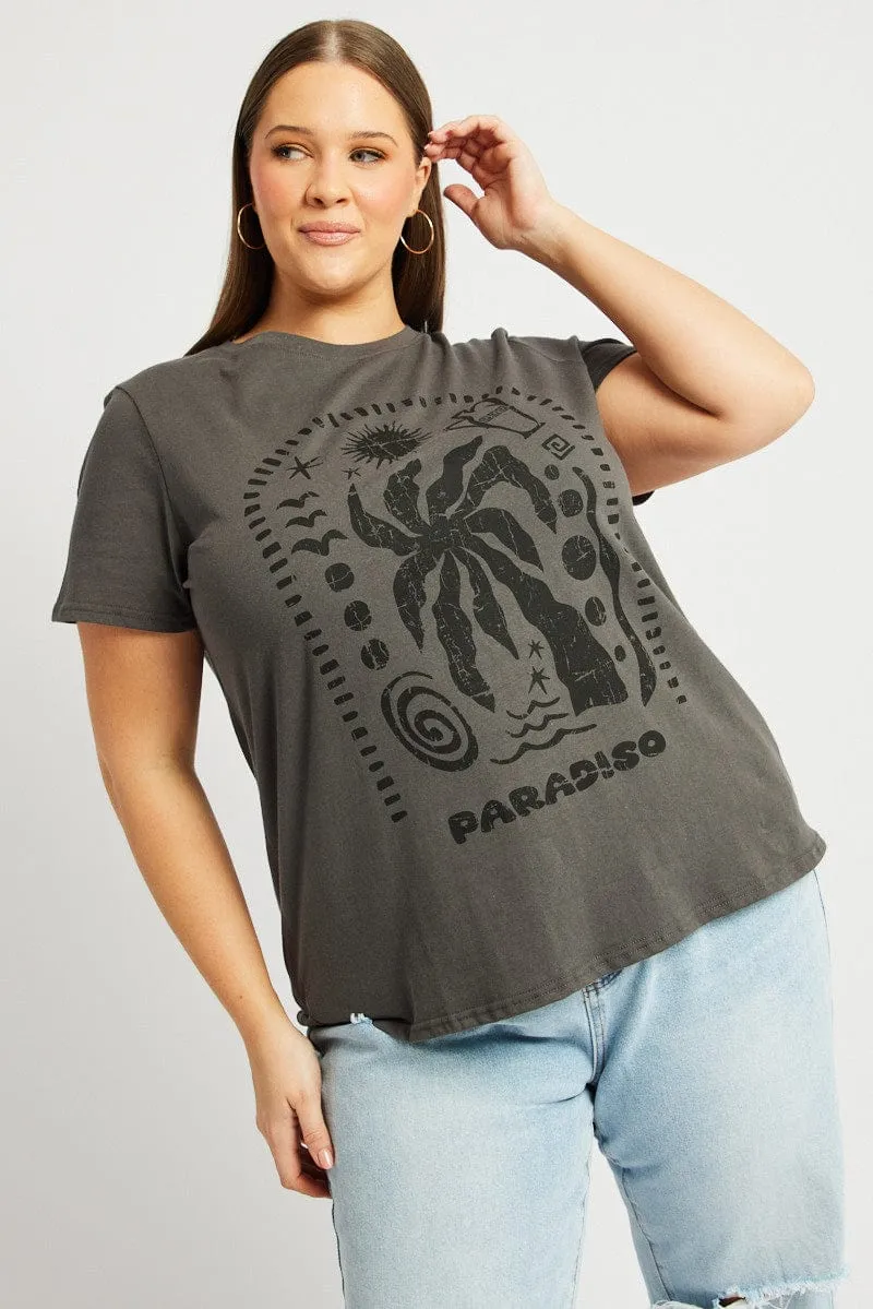 Long sleeved warmth Grey Graphic T Shirt Short Sleeve Crew Neck
