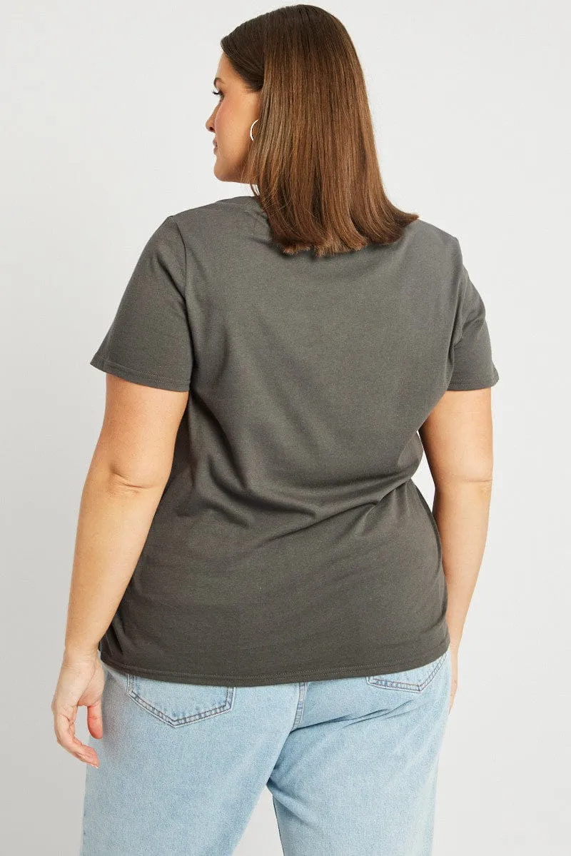 Grey Graphic T Shirt Short Sleeve Crew Neck Stretchable Fabric