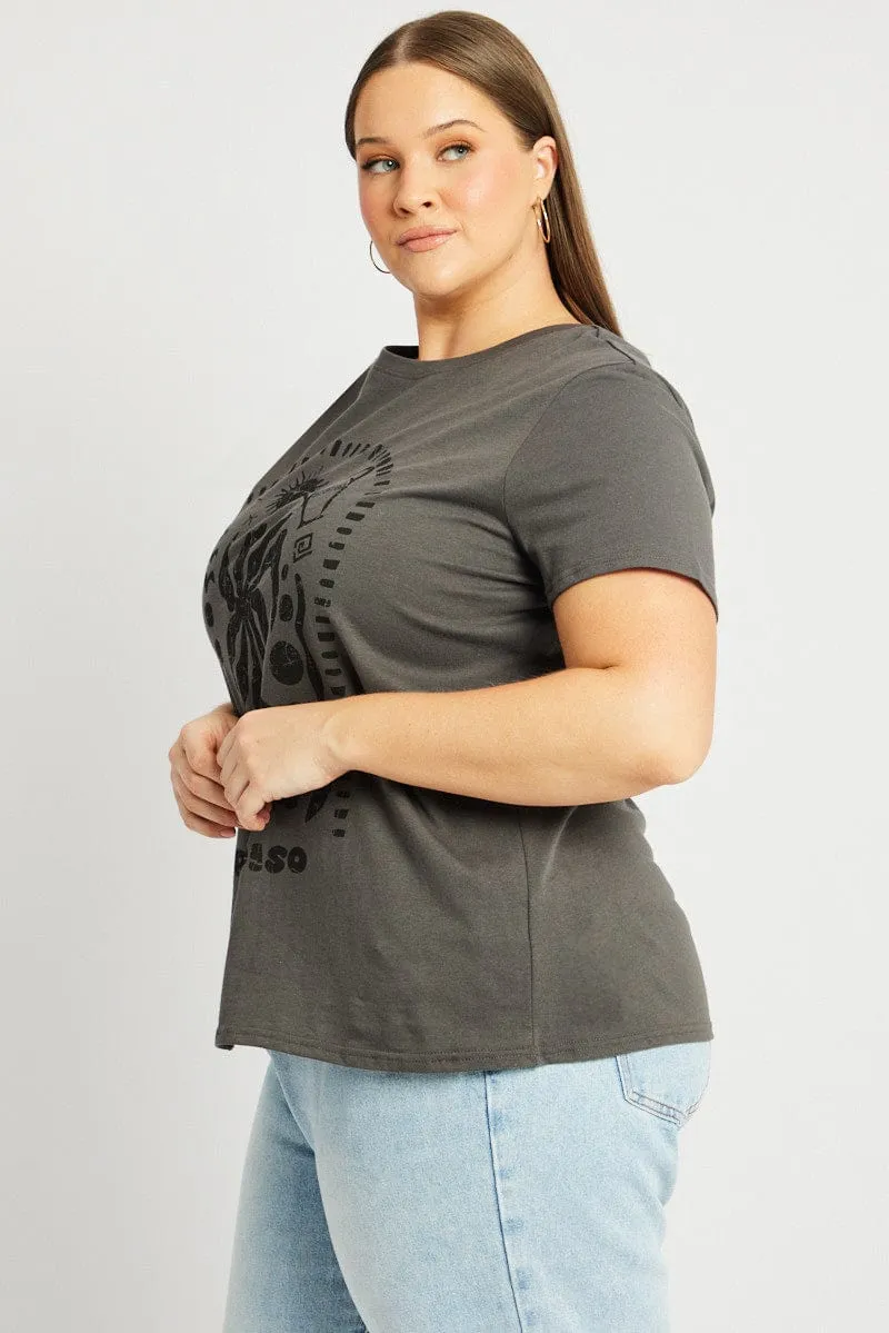 Grey Graphic T Shirt Short Sleeve Crew Neck Seam Free Edging Retro