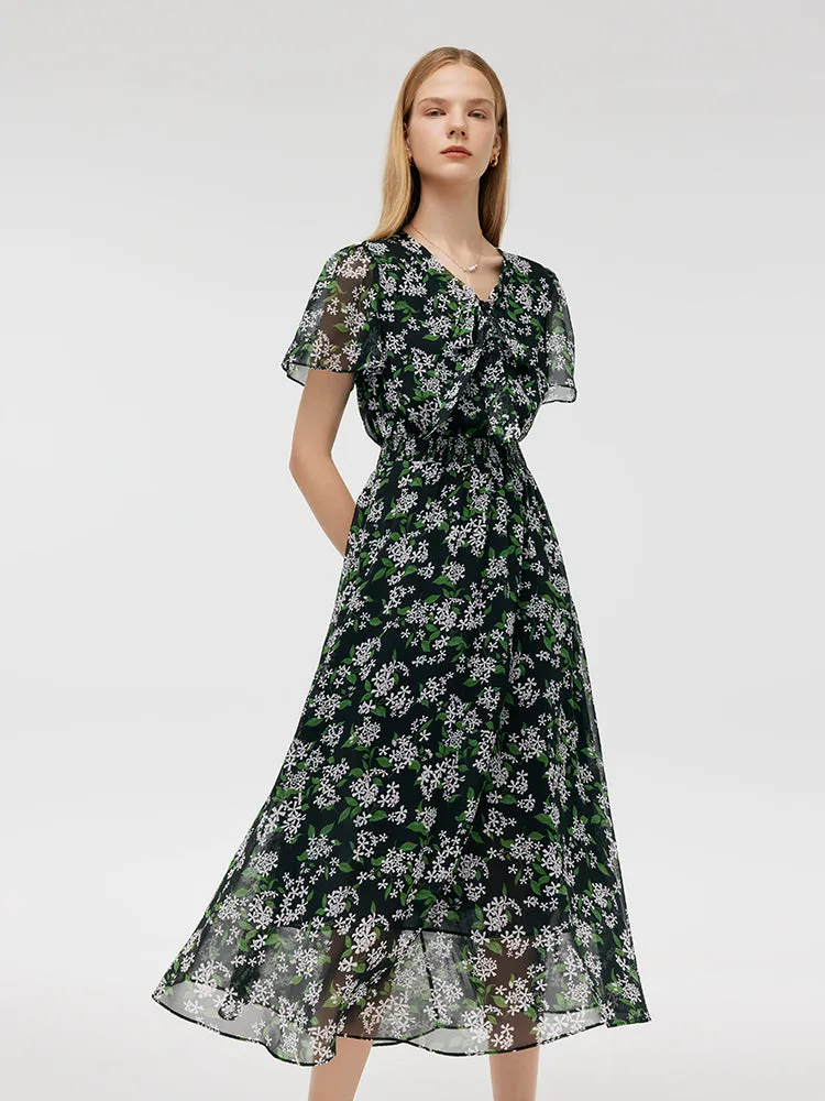River Side Minimalist mid-calf dress 10 Momme Mulberry Silk Floral Print Bow Tie Neck Women Midi Dress