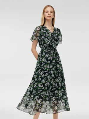River Side Minimalist mid-calf dress 10 Momme Mulberry Silk Floral Print Bow Tie Neck Women Midi Dress