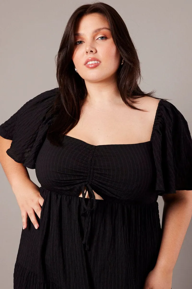 Earth Smell Black Midi Dress Short Sleeve Textured