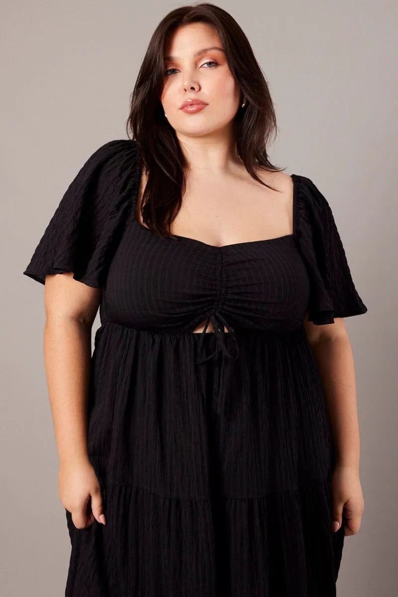 Black Midi Dress Short Sleeve Textured Wood Scent