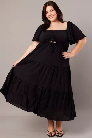 Black Midi Dress Short Sleeve Textured European Charm Modern Wardrobe