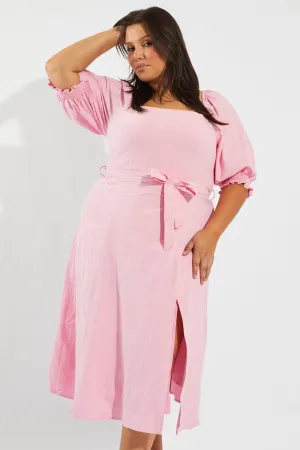 Chic dinner outfit Pink Tie Puff Sleeve Midi Dress