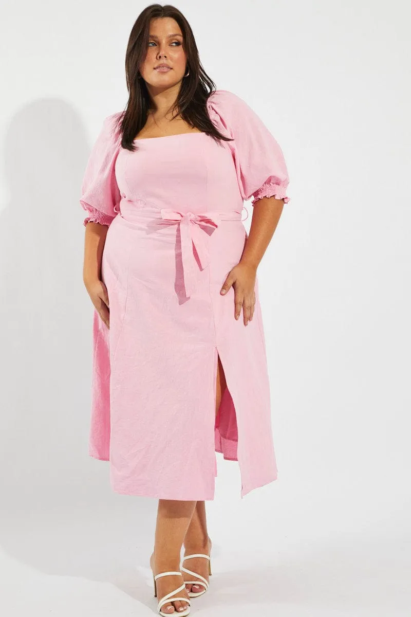 Fashion Statement Pink Tie Puff Sleeve Midi Dress