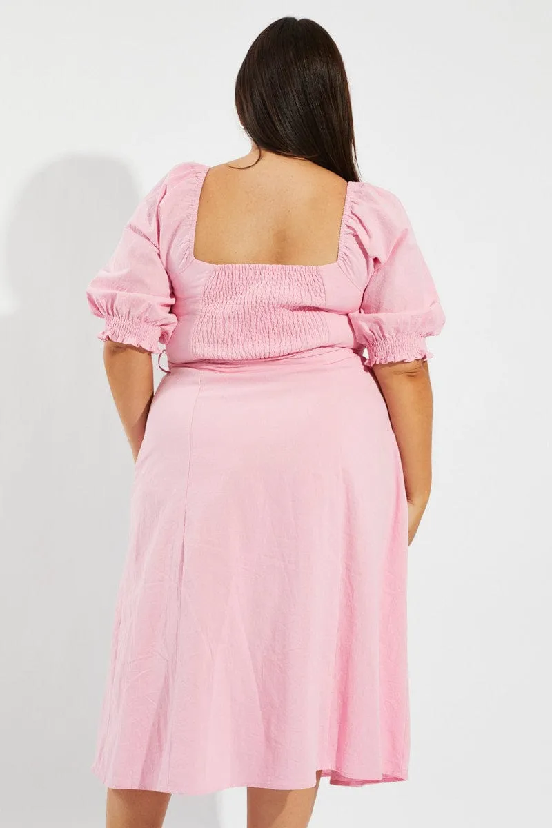 Pink Tie Puff Sleeve Midi Dress Relaxed summer midi Diamond Glow