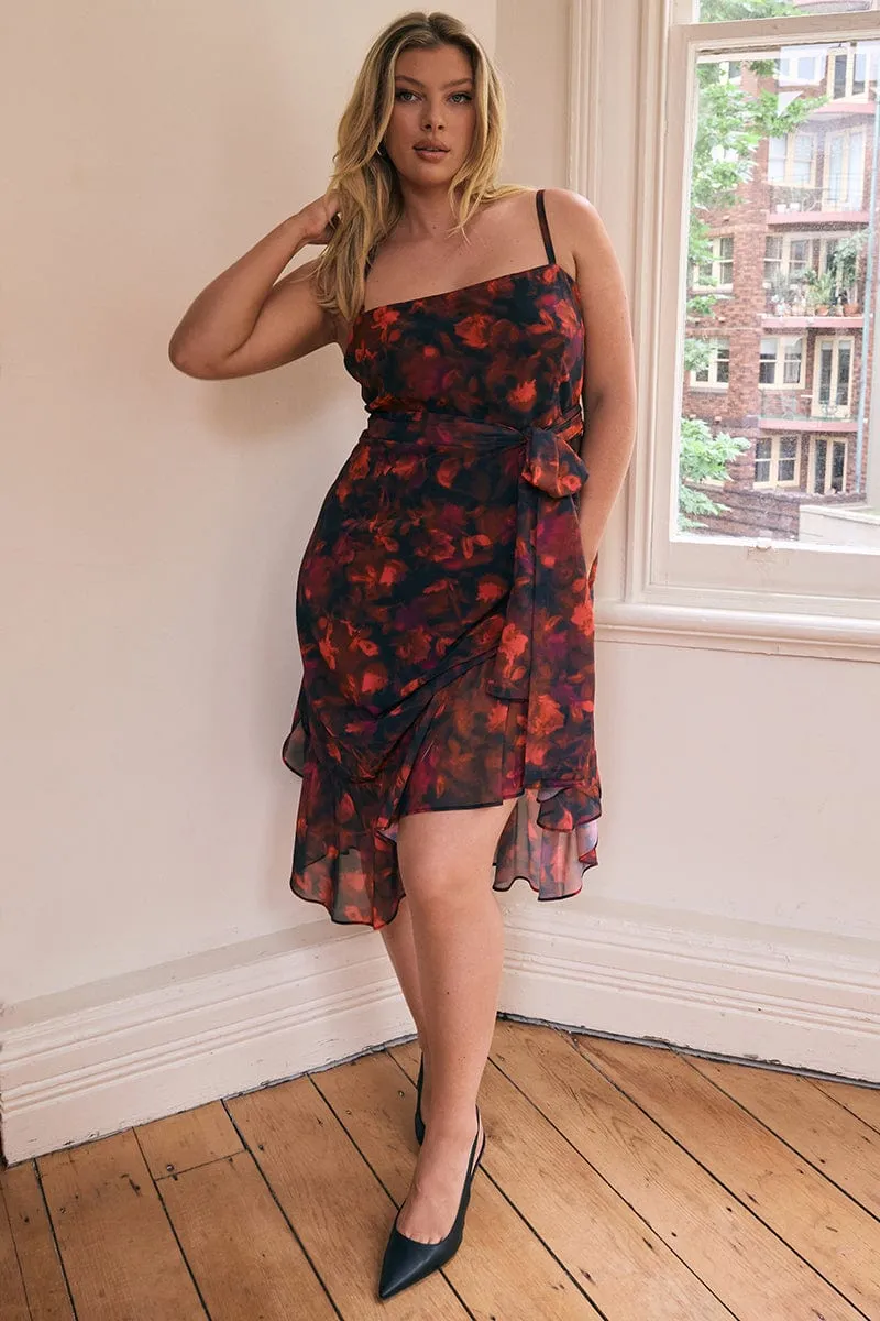 Plus Fit Red Floral Midi Dress Sleeveless Ruffle Scarf