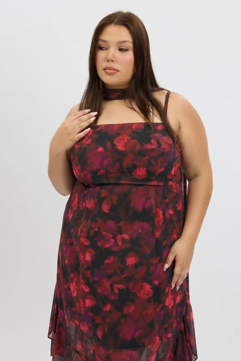 Modern Comfort Chic Traveler Red Floral Midi Dress Sleeveless Ruffle Scarf