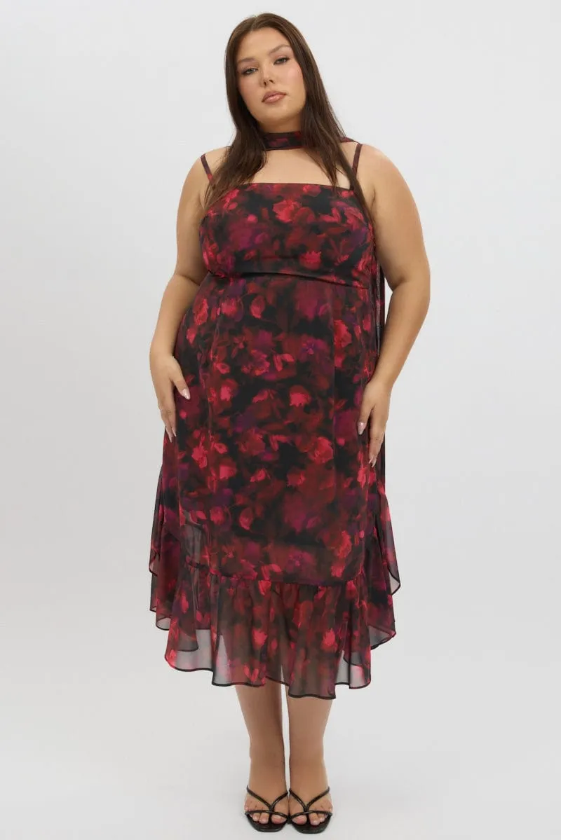 Canyon Walk Red Floral Midi Dress Sleeveless Ruffle Scarf