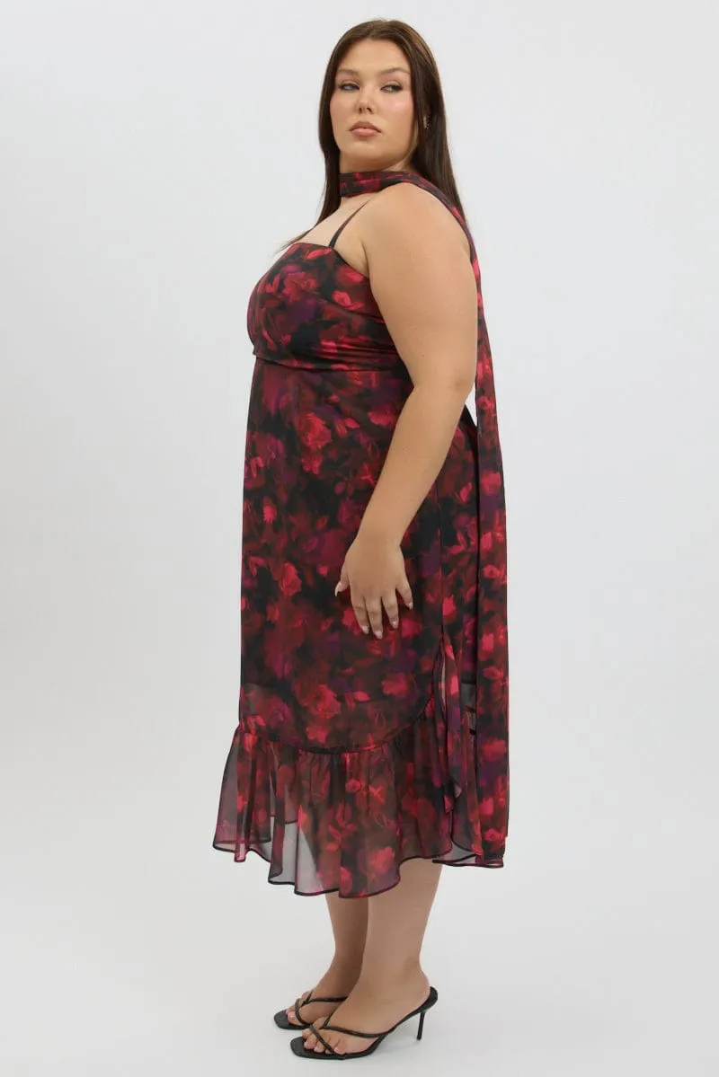Moon View Red Floral Midi Dress Sleeveless Ruffle Scarf