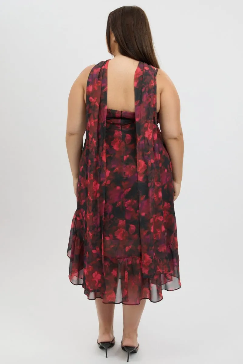 Red Floral Midi Dress Sleeveless Ruffle Scarf Moon View Trendy Outfit