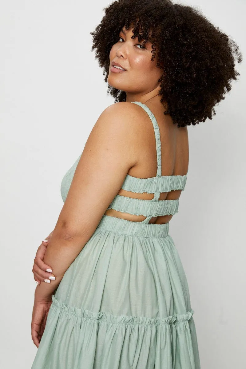 Mist Valley Green Midi Dress Square Neck Sleeveless