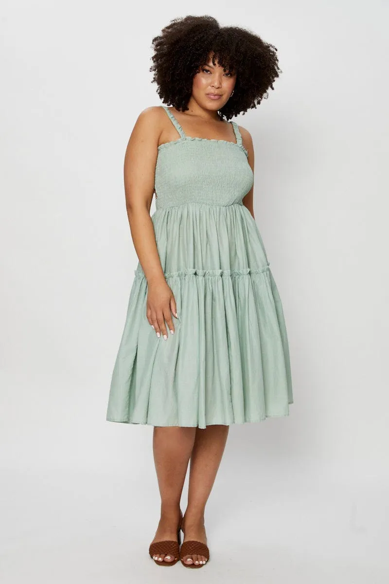 Green Midi Dress Square Neck Sleeveless Everyday Comfort