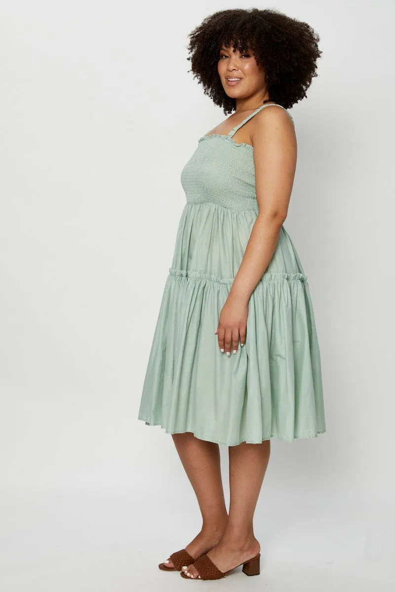 Easy Travel Travel Light Green Midi Dress Square Neck Sleeveless